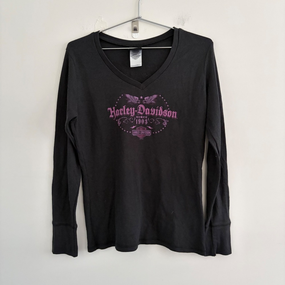 Harley-Davidson Womens XL Black Thermal V-Neck Long Sleeve Shirt South Bend IN